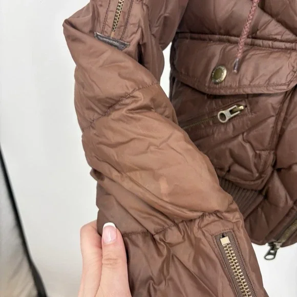 Vintage Abercrombie & Fitch Puffer Jacket Medium Down Cropped Faux Fur Hood Y2K